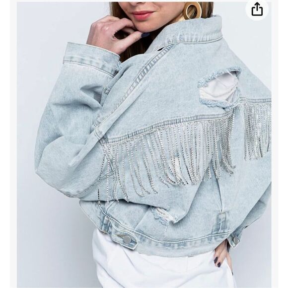 Joiemont Womens Denim Jacket with Fringe Rhinestones Long Sleeve - Picture 2 of 7